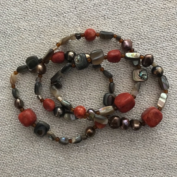 Silpada Three Stretch Bracelets, Sterling, Coral and Abalone - Picture 3 of 3